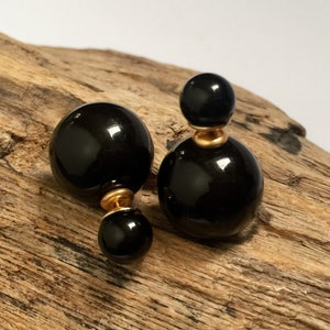 Classy pair of shiny black double sided earrings , elegant French style studs