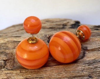 Elegant orange striped double sided earrings, front and back French style studs with stripes.