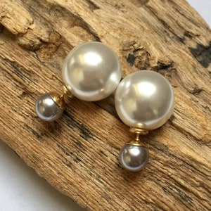 Double Sided Pearl Stud Earrings: White & Gray French Style