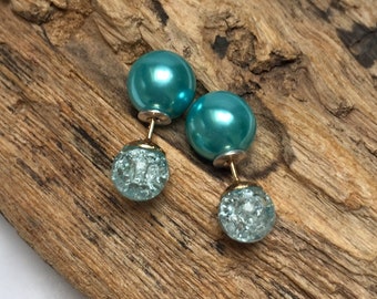 Petite paire de boucles d'oreilles bleu clair double face, boucles d'oreilles avant et arrière de style français