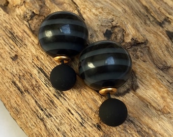 Elegant black and dark grey striped double sided earrings, front and back French style studs with stripes.