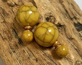 Double sided earrings with yellow mustard marble finish, French style studs with front and back pearls
