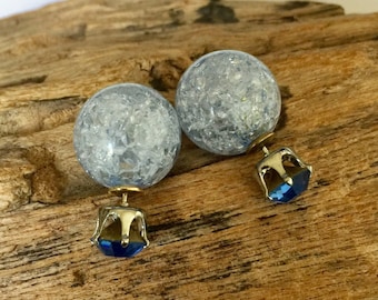 Stylish pair of light blue double sided earrings, front and back style studs from France
