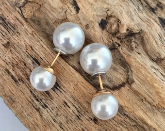 Small size pair of white pearl double sided earrings, French style front and back earrings