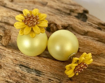 Elegant yellow double sided earrings with daisy flowers, front and back French style studs