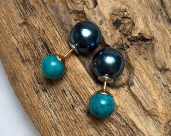 Petite paire de boucles d'oreilles double face bleu foncé et turquoise, boucles d'oreilles avant et arrière de style français