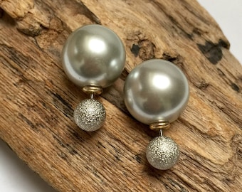 Classy double sided silver grey pearl earrings, front and back French style earrings