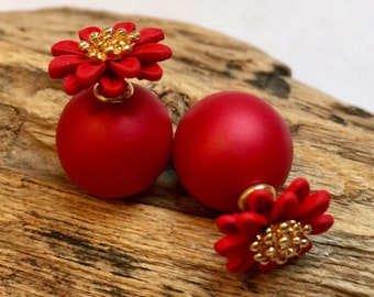Elegant red double sided earrings with daisy flowers, front and back French style studs