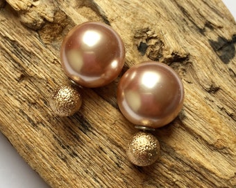 Beautiful and classy double sided gold and salmon pearl earrings, French tribal style pair with 2 pearl studs