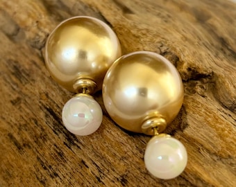 Classy double sided pearly gold and white earrings, front and back French style earrings
