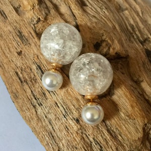 White double sided earrings. French style double studs with front and back pearls
