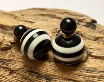 Elegant black and white striped double sided earrings, front and back French style studs with stripes.