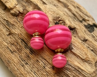 Elegant bright pink striped double sided earrings, front and back French style studs with stripes.