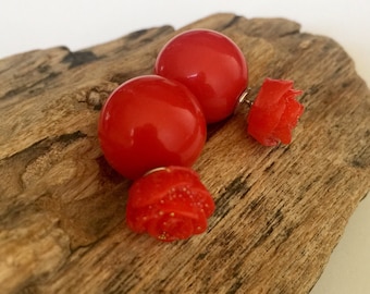 Boucles d'oreilles rouges double face avec roses, clous de fleurs tribaux chics à la française, devant et derrière