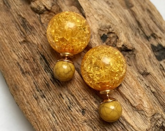 Classy French style amber color and yellow double sided earrings. Double studs with orange crackled pearls.