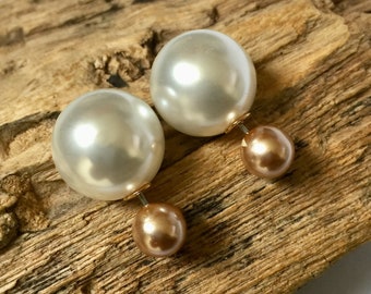 Beautiful and classy double sided white and brown pearl earrings, French style pair of pearl studs