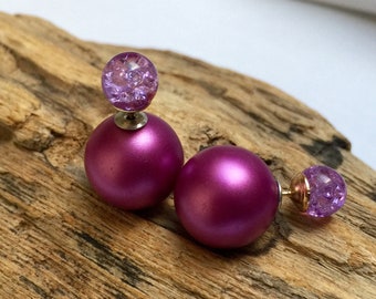 Boucles d'oreilles violettes élégantes de style français, clous d'oreilles double face avec perles à l'avant et à l'arrière.