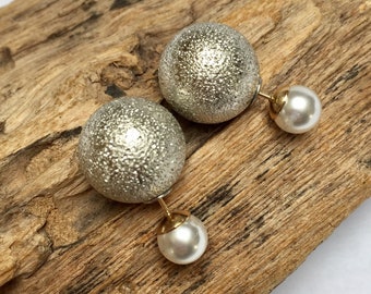 Classy French style silver and white front and back earrings, double sided studs with two pearls.