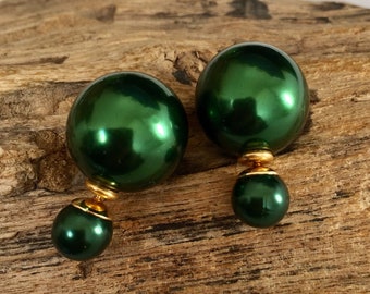 Belles et élégantes boucles d'oreilles double face avec perles blanches vertes de France, paire de clous d'oreilles en perles de style français