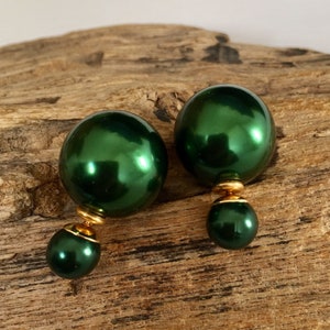 Beautiful and classy double sided white green pearl earrings from France, French style pair of pearl studs image 1