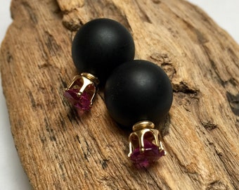 Stylish pair of glossy black and purple double sided stud earrings, French style front and back earring