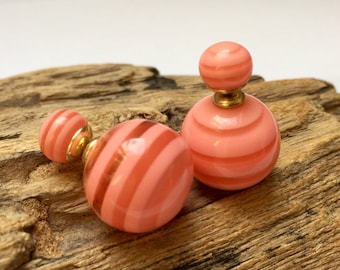 Elegant pink striped double sided earrings, front and back French style studs with stripes.