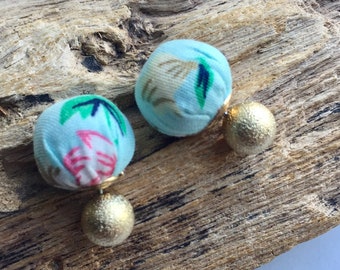 Light blue and gold double sided earrings with fabric beads, French style studs with 2 pearls.