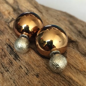 Elegant pair of bronze and silver color double sided earrings, French style studs