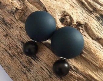 Classy pair of black and grey anthracite mat double sided earrings , French style studs