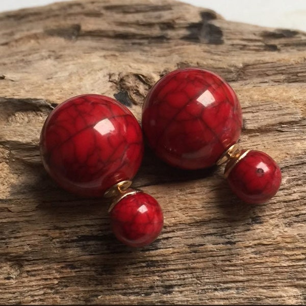 Elegant double sided earrings with red marble finish, French style studs