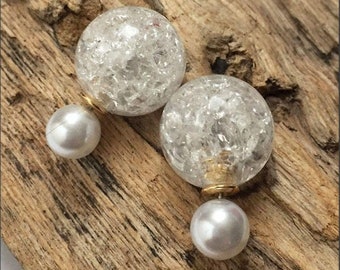 White double sided earrings. French style double studs with front and back pearls