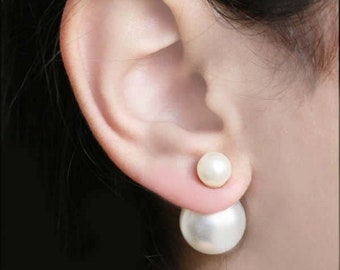 Beautiful and classy double sided white pearl earrings from France, French style pair of pearl studs