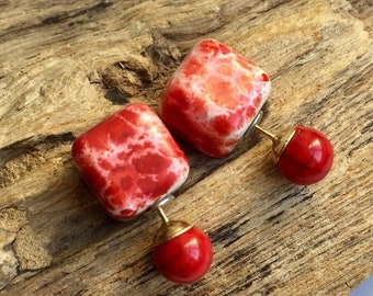 Elegant pair of red marble square double sided earrings, classy French style studs with 2 front and back pearls