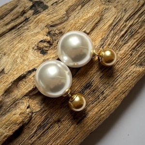 Classy white and champagne double sided pearl earrings, French style front and back studs