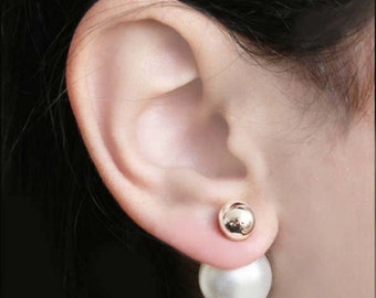 Beautiful and classy silver and white double pearls earrings, French style studs