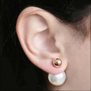 Gold & White Double Pearl Stud Earrings: French Style