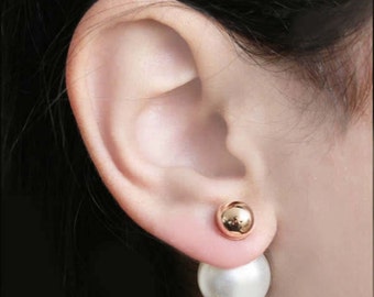 Bellissimi ed eleganti orecchini in oro e perle doppie bianche, borchie in stile francese