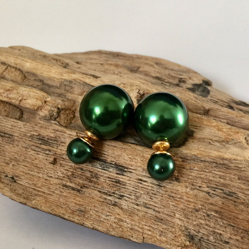 Beautiful and classy double sided white green pearl earrings from France, French style pair of pearl studs image 2