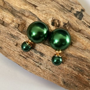 Beautiful and classy double sided white green pearl earrings from France, French style pair of pearl studs image 3