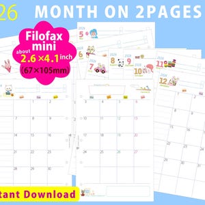 Filofax mini, M5 2026 Maandelijkse Planner Printbaar, 2,6 x 4,1 inch (67 x 105 mm) Letterformaat, A4, PDF Direct Downloaden