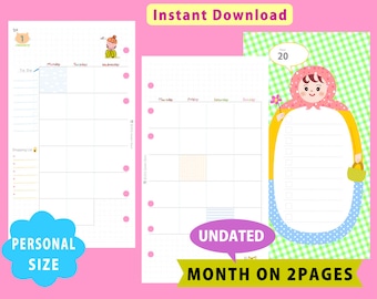 PRINTABLE Personal (Medium) Size, Undated Monthly Planner, Month On Two Pages, Filofax, Kikkik, Instant Download