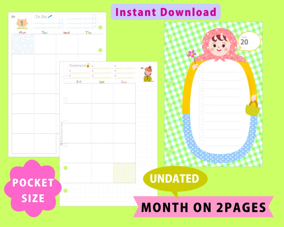 PRINTABLE Pocket Size, Undated Monthly Planner, Month on Two Pages ...