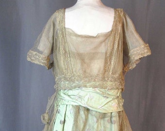 Flapper Silk Satin Evening Dress, 1920s, Metallic Lace Trim And Netting