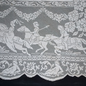 Antique Linen Tablecloth - Horses With Riders in Filet - Italian Needlelace Inserts, Embroidery Cutwork, Banquet size 155&quot; x 80&quot;
