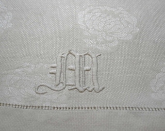 Antique Damask Huck Linen Guest Towel With Initial Monogram M