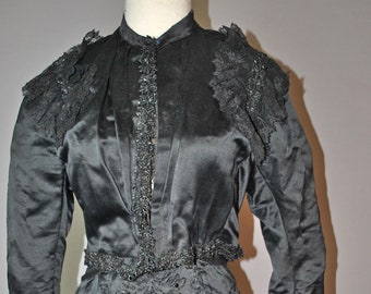 Antique Dress 3-pc Trained Black Satin With Beadwork - Museum Deaccession, c1880s