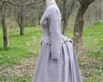 Victorian Plaid Cotton Bustle Dress, 2 Piece Summer Walking Outfit, 1880s