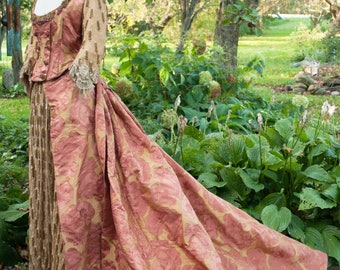 1870 Victorian Bustle Dress  - Glass Beaded Silk Brocade Formal Trained Gown