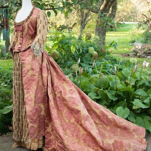 1870&quot;s Victorian Bustle Dress  - Glass Beaded Silk Brocade Formal Trained Gown