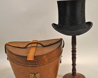 Antique 1880's Men’s Black Silk Plush Top Hat With Round Travelling Case